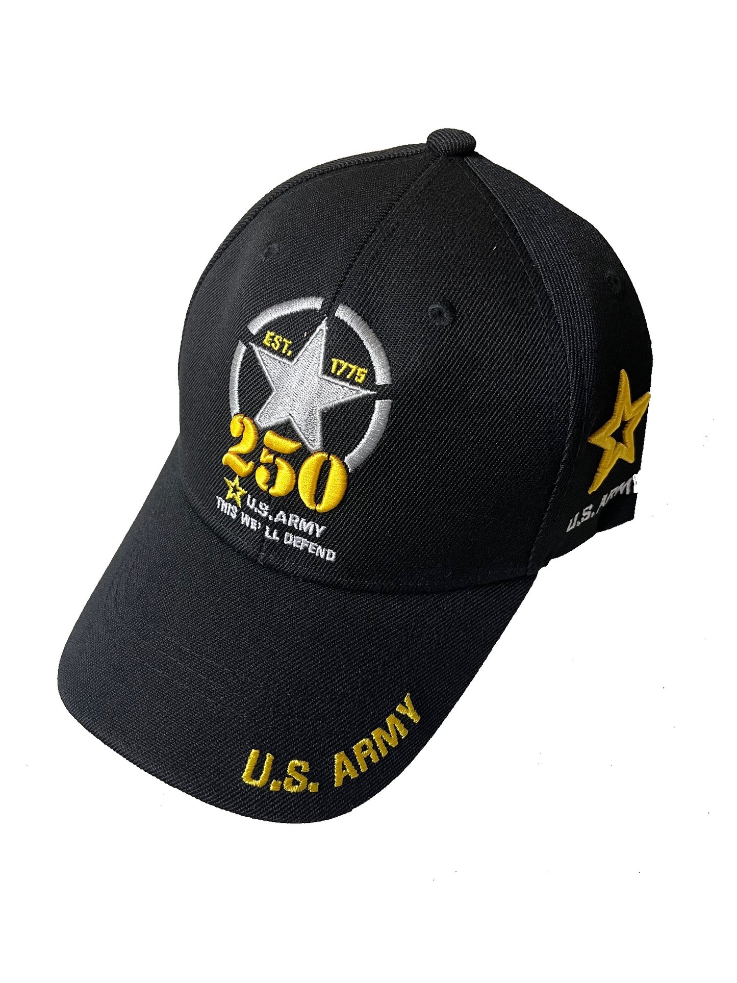 U.S. Army Officially Licensed 250th Anniversary Commemorative Baseball Cap, Black, This We'll Defend Est. 1775 Star Embroidered Design