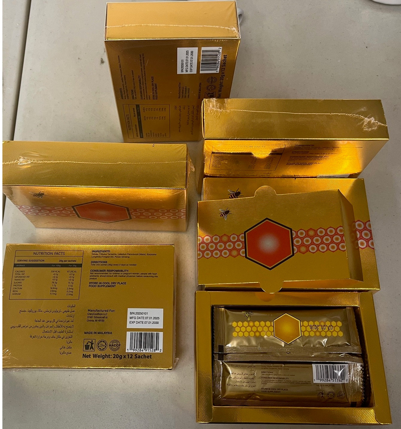 12ct Box Natural Honey infused w/ Natural Jelly Honey Bee Pollen Sachets Packs