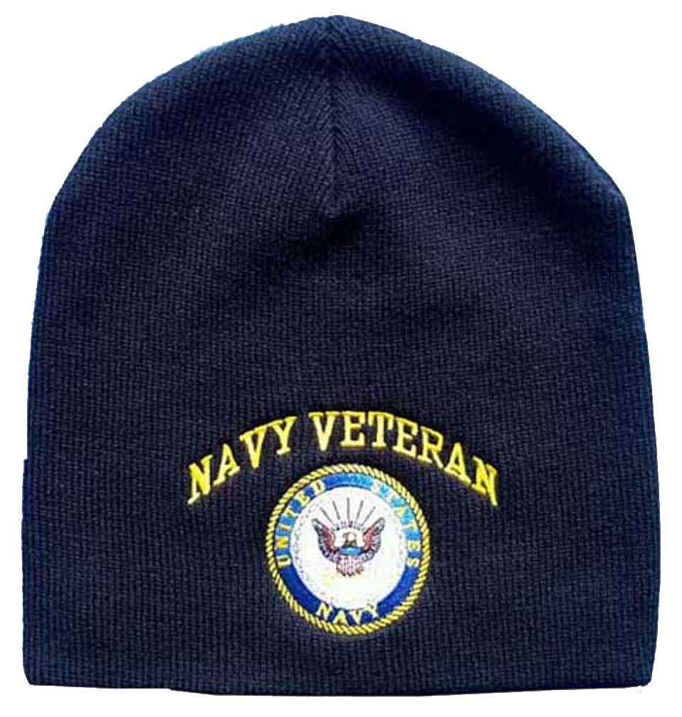 CrazyCoolBuys 8" Blue Navy Veteran Embroidered Winter Beanie Skull Cap Toboggan Hat