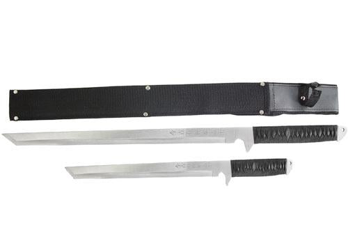 CrazyCoolBuys 2Pc Set Silver Ninja Hunting Machete Knife Full Tang Blade Sword