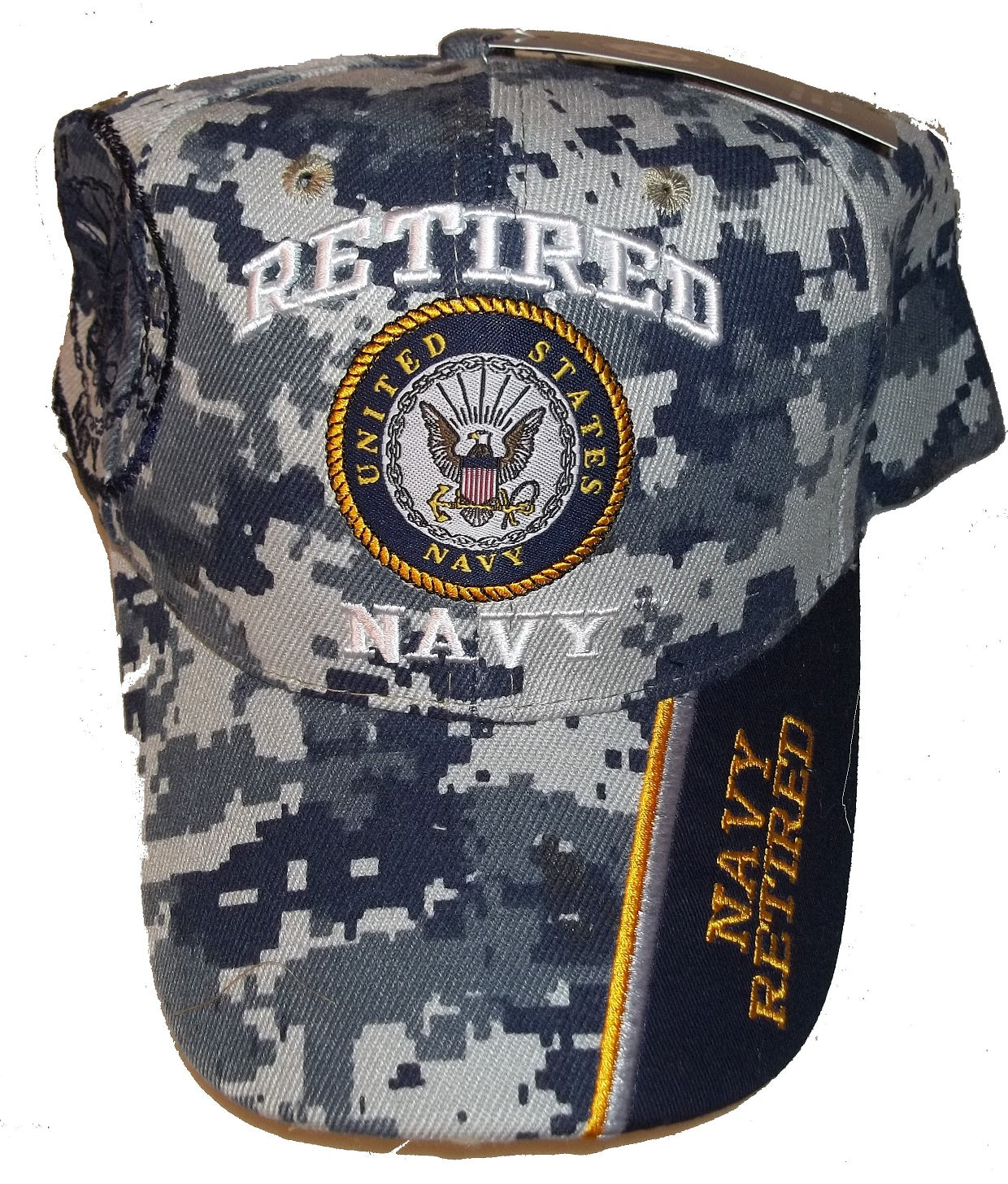 CrazyCoolBuys Usa Retired Navy Baseball Style Embroidered Hat Blue Camo Cap Vet Us Veteran