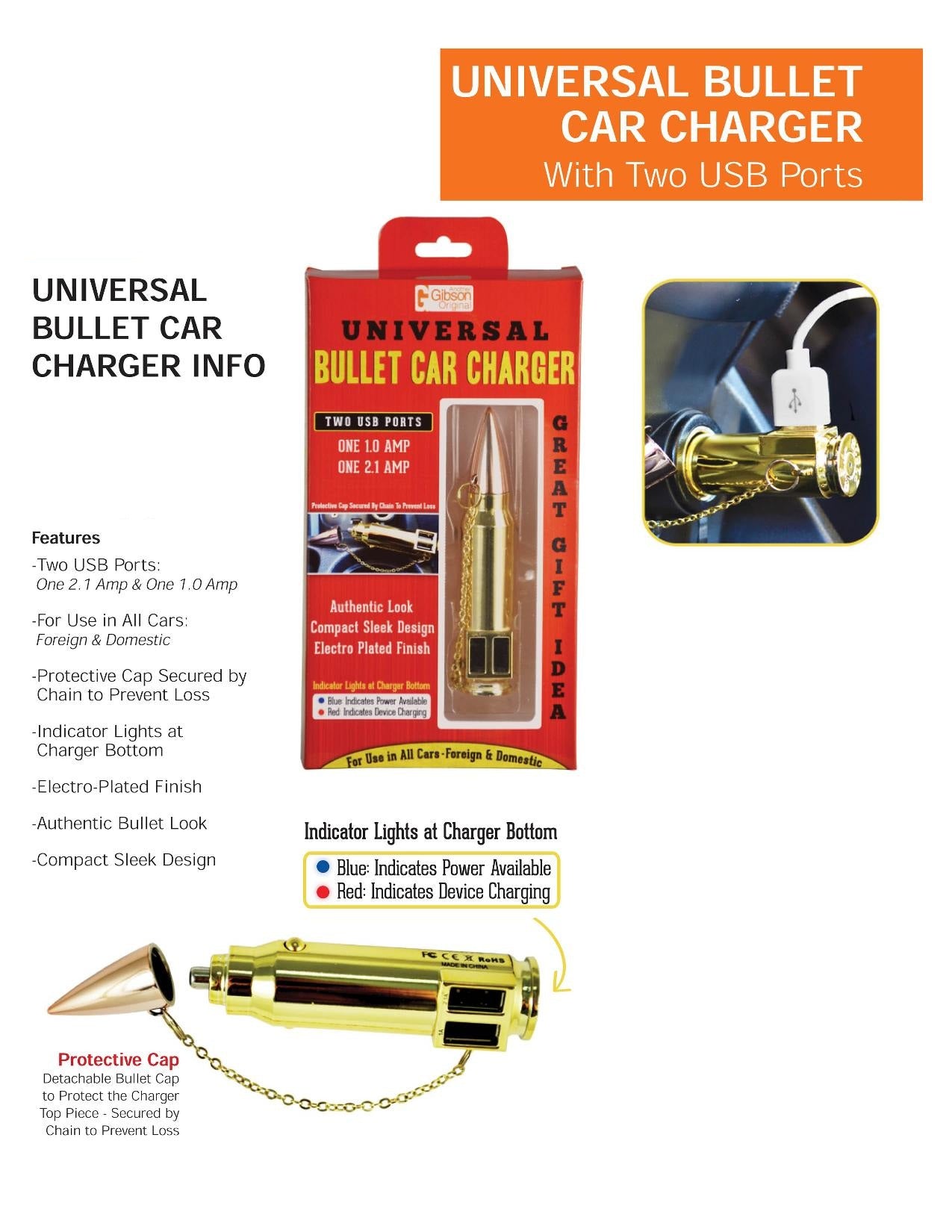 CrazyCoolBuys Universal Fake Gun Bullet Dual Usb 2 Port Car Charger Iphone 6 Galaxy Cool