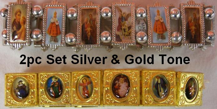 CrazyCoolBuys 2Pc Set Gold And Silver Tone Rosary Saints Bracelets Cross Charm Prayer Bead