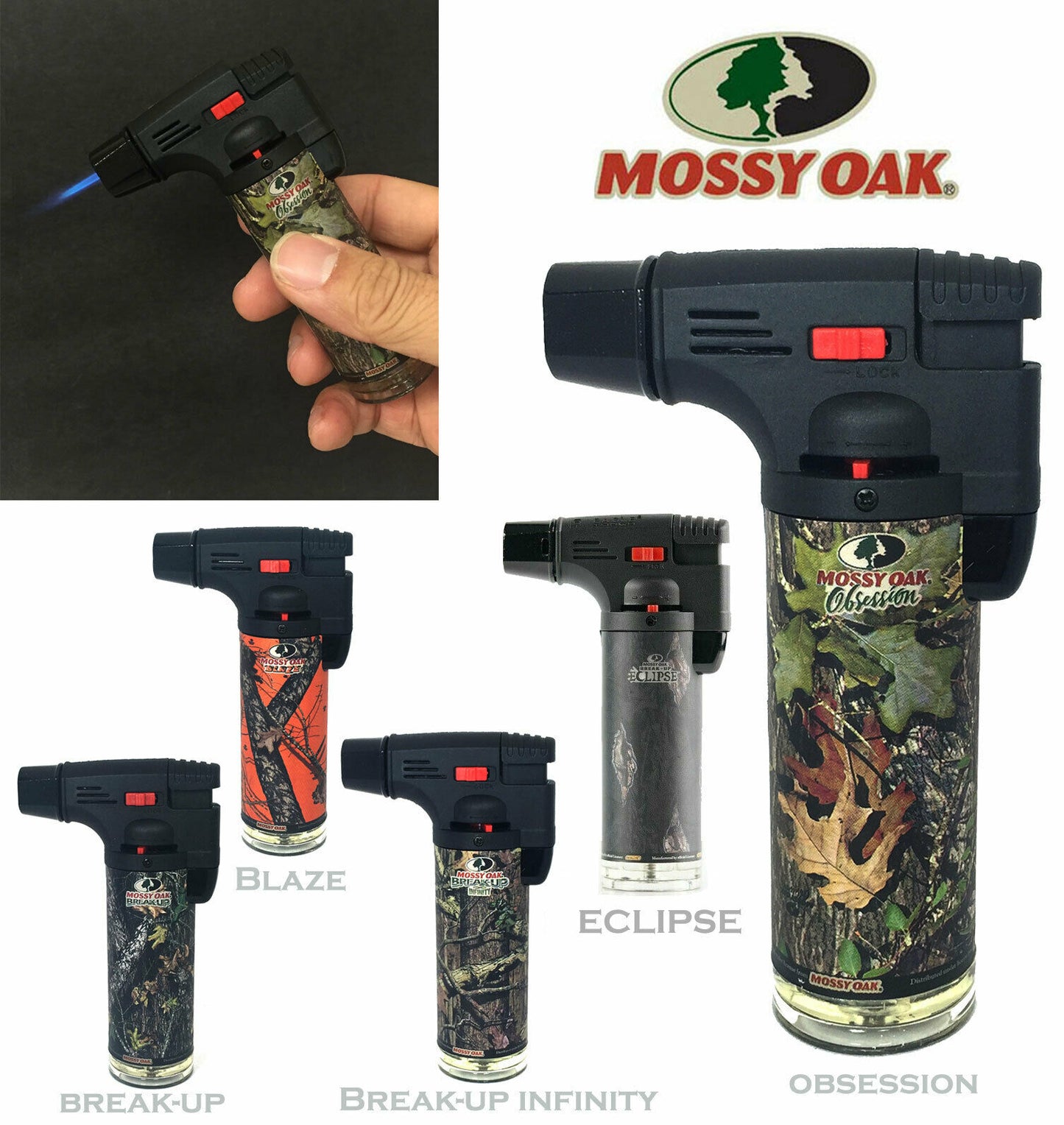 CrazyCoolBuys 5Pc Set Mossy Oak Large 4" Camo Windproof Torch Butane Lighters