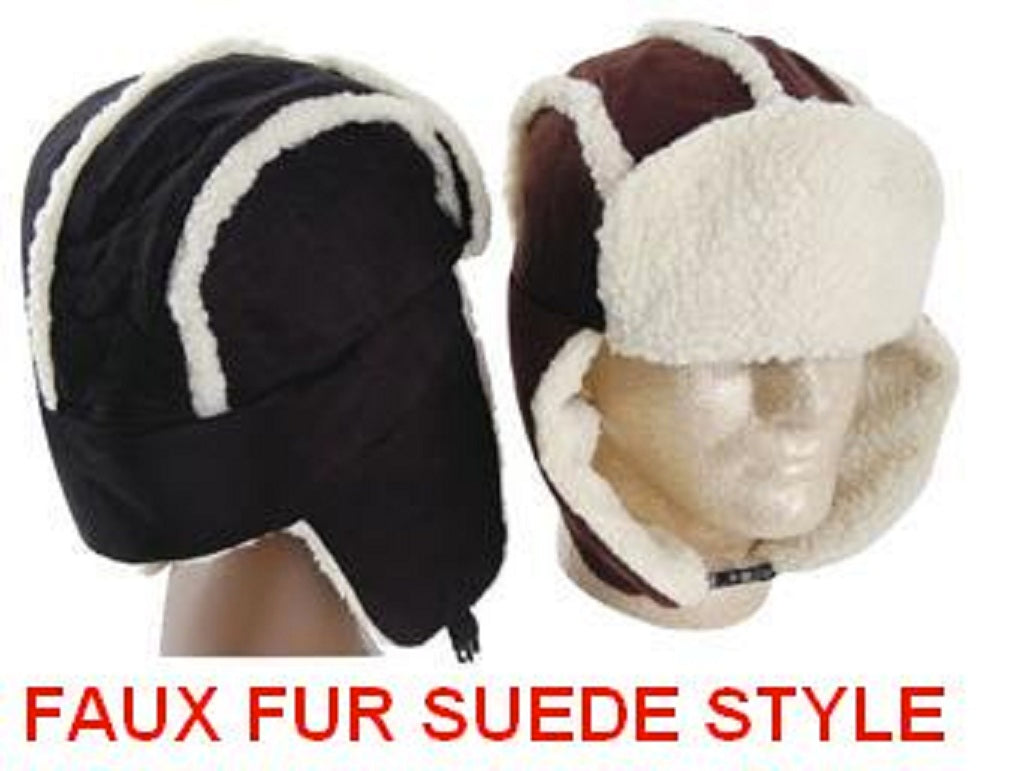CrazyCoolBuys Black Faux Fur Suede Style Winter Trooper Aviator Hat Winter Trapper