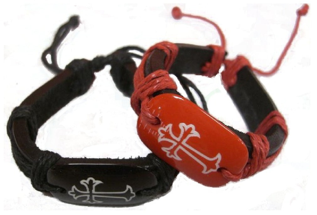 CrazyCoolBuys 2Pc Leather Cord Rosary Cross Prayer Bracelet Set Christian Wrist Arm Band