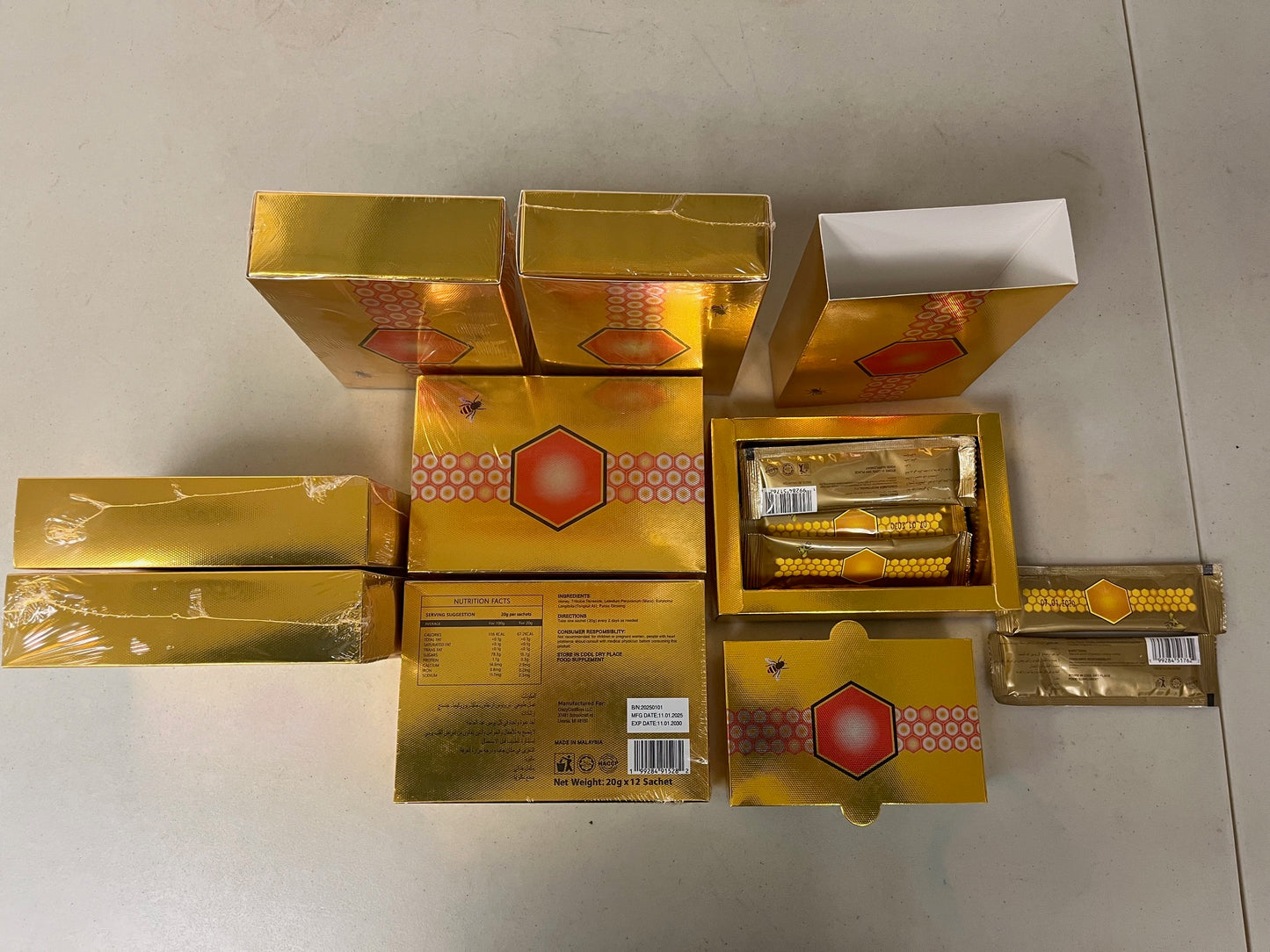 12ct Box Natural Honey infused w/ Natural Jelly Honey Bee Pollen Sachets Packs
