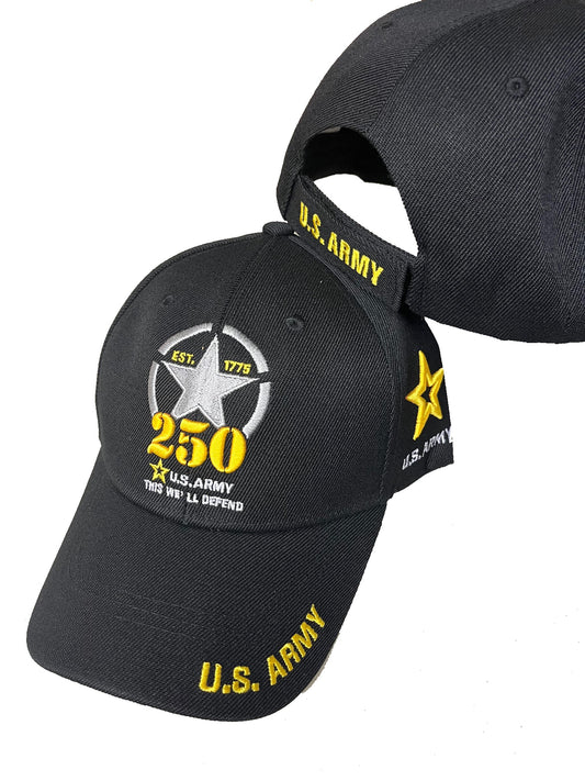 U.S. Army Officially Licensed 250th Anniversary Commemorative Baseball Cap, Black, This We'll Defend Est. 1775 Star Embroidered Design