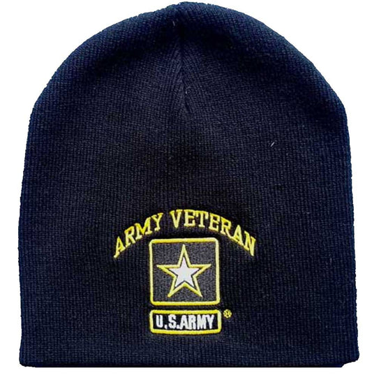 8" BLACK US ARMY VETERAN STAR EMBROIDERED WINTER BEANIE SKULL CAP toboggan hat