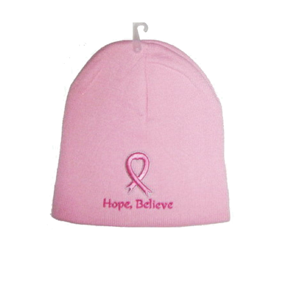 8" Pink Ribbon Embroidered Winter Beanie Skull Cap Breast Cancer Hat