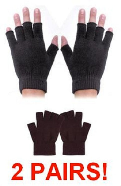 2 PAIRS BLACK FINGERLESS KNIT MAGIC STRETCH GLOVES hand warmers open fingers