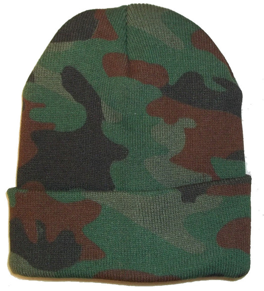 WOODLAND FOREST CAMO CAMOUFLAGE BEANIE HAT hunting warm winter green brown skull cap